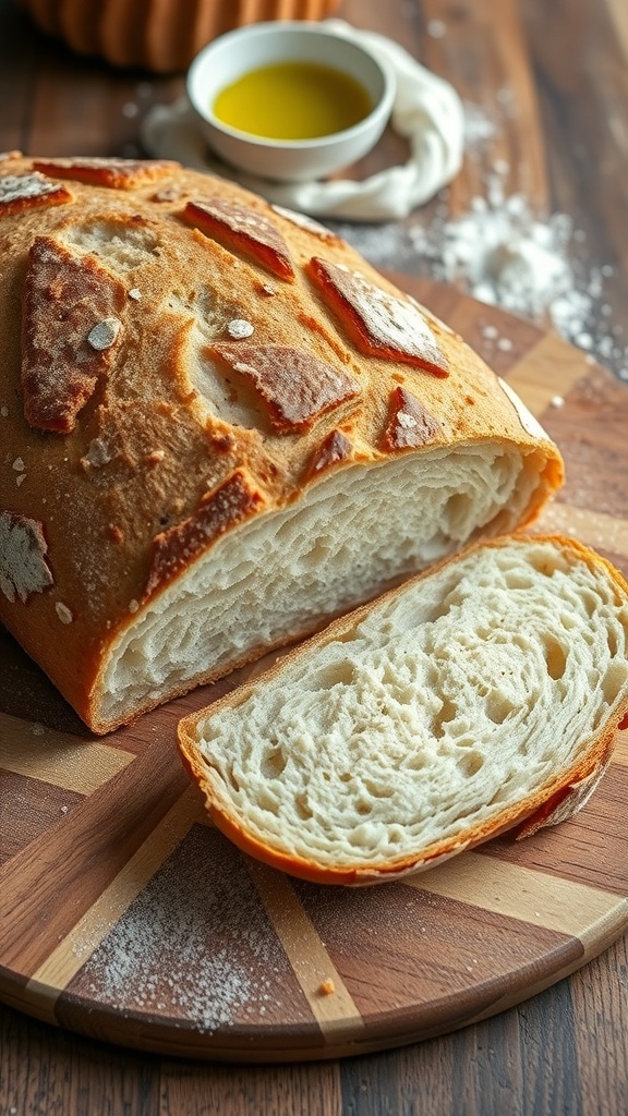 A rustic loaf of crusty earth bread on a wooden board with slices cut, surrounded by flour and olive oil.